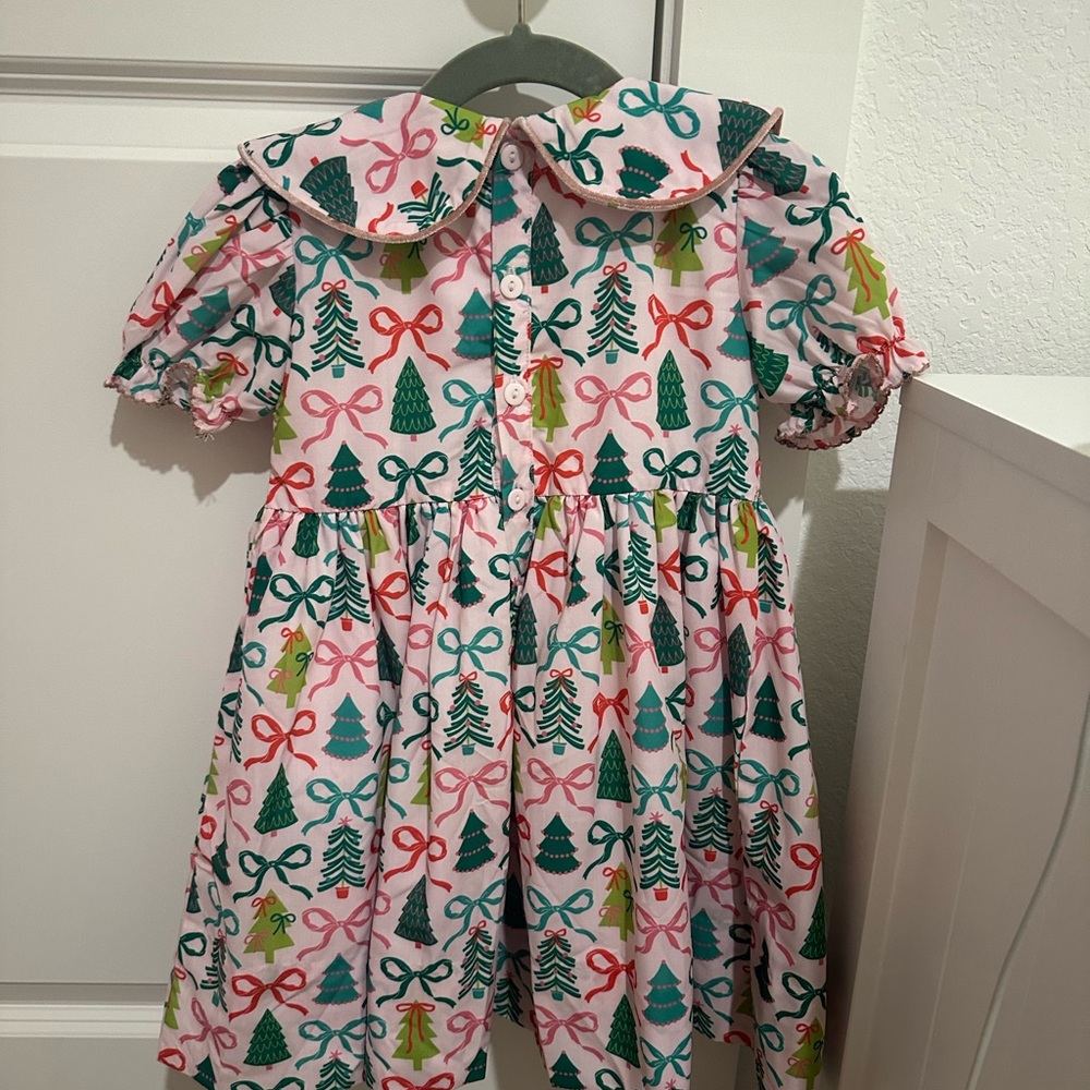 Festive Bow & Christmas Tree Smocked Dress with Velvet Tie - NWOT - Picture 2 of 2